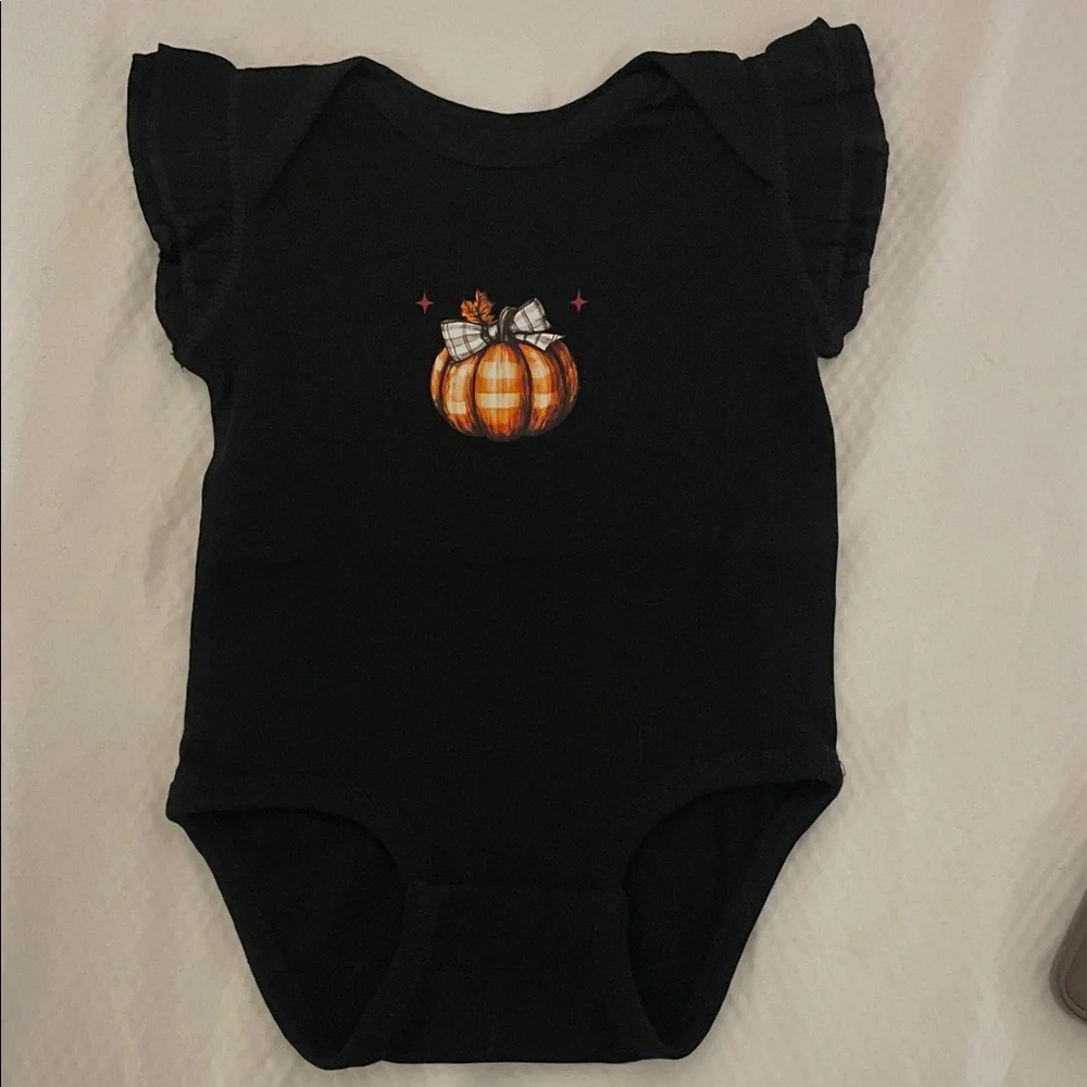 Black Onesie with Plaid Pumpkin and Bow Graphic